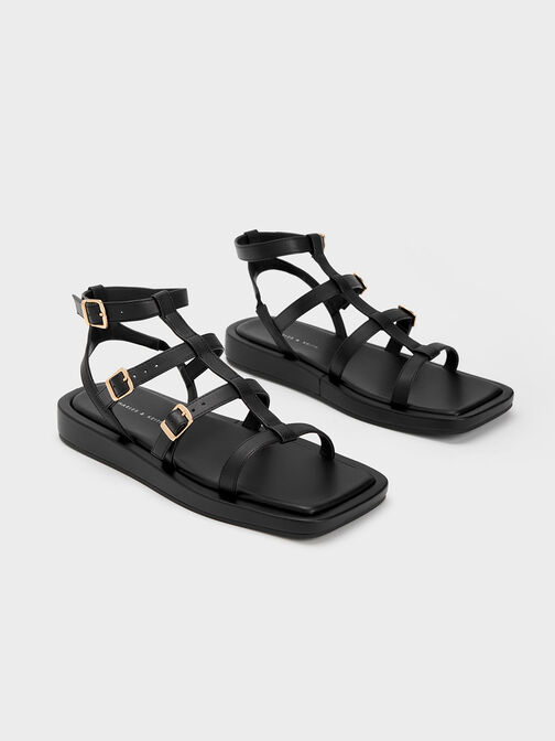 Buckled Gladiator Sandals, Black, hi-res