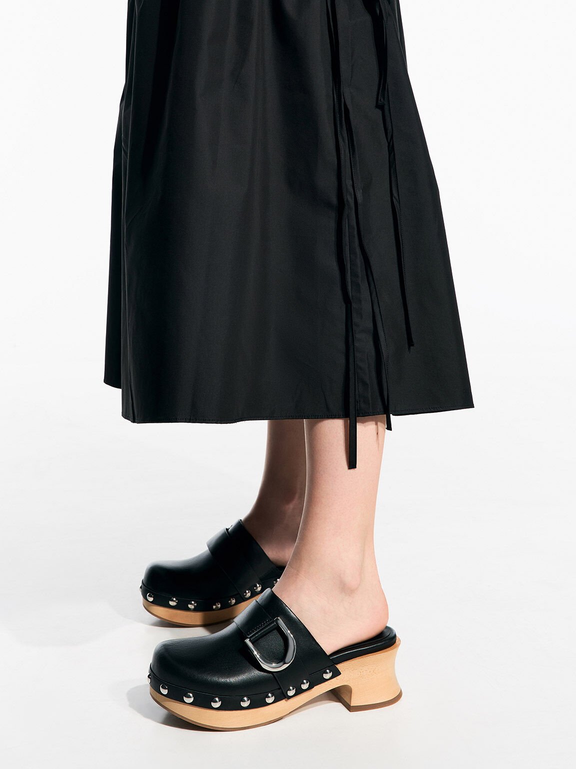 Black Gabine Studded Leather Open-Toe Clogs - CHARLES & KEITH AU Black Gabine Studded Leather Open-Toe Clogs - CHARLES & KEITH AU