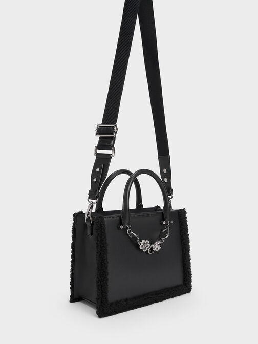 Lotso Fur-Trim Tote Bag, Black, hi-res