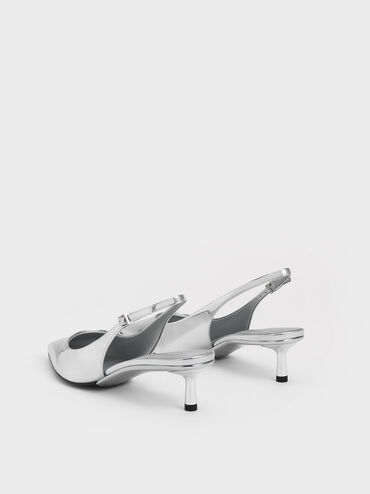 Curtis Metallic Pointed-Toe Kitten-Heel Slingback Pumps, Silver, hi-res