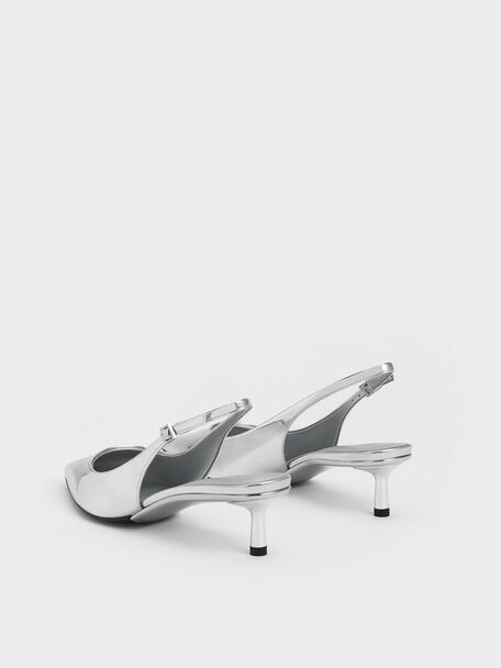 Curtis Metallic Pointed-Toe Kitten-Heel Slingback Pumps, Silver, hi-res