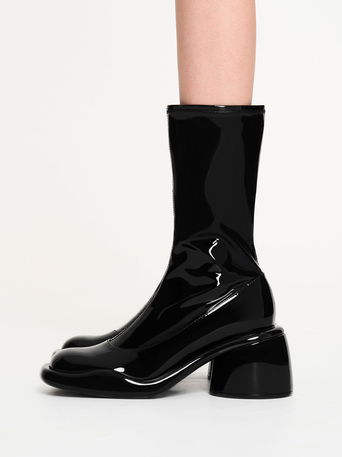 Lula Patent Chunky Heel Calf Boots, Black, hi-res