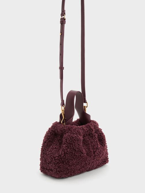 Ally Furry Slouchy Chain-Handle Bag, Burgundy, hi-res