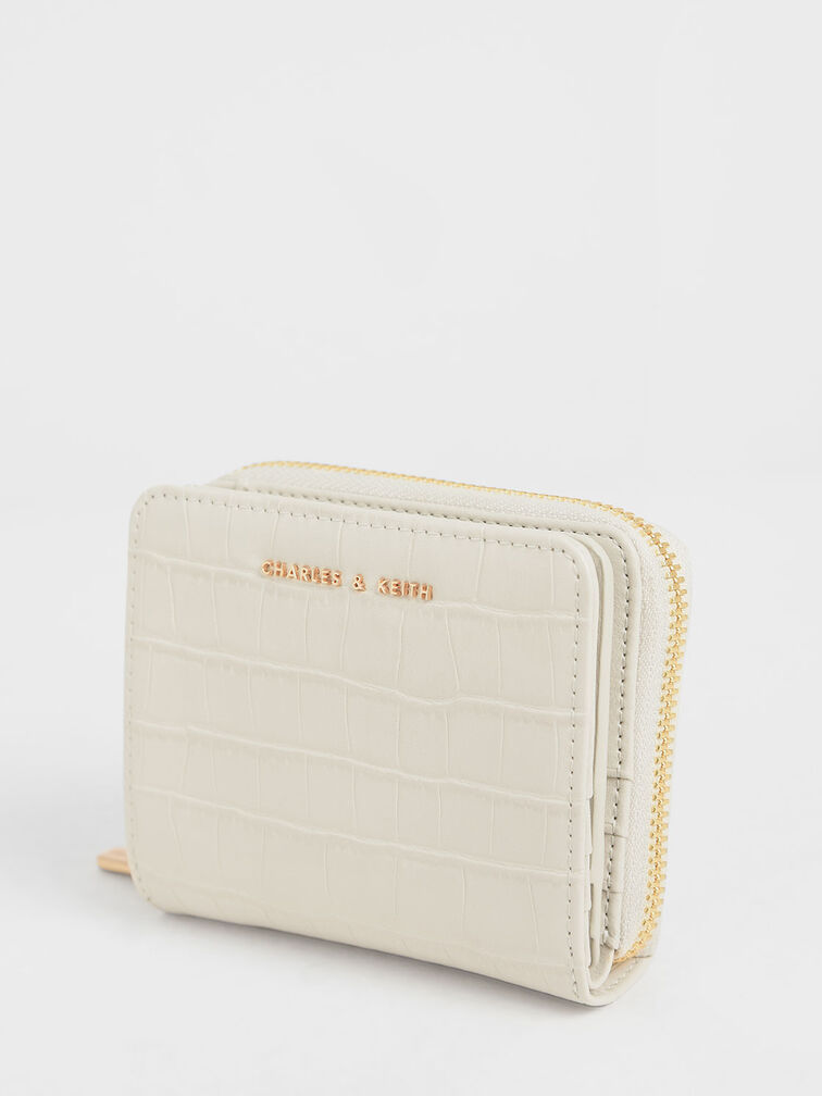 Croc-Effect Small Zip-Around Wallet, Cream, hi-res