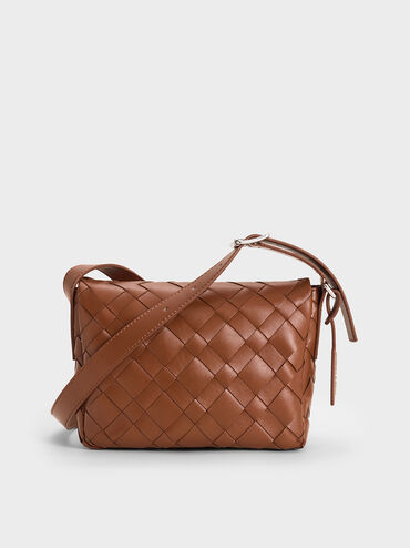 Ivette Woven Front Flap Crossbody Bag, Chocolate, hi-res