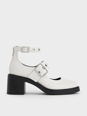 Grommet-Strap Mary Jane Pumps, White, hi-res