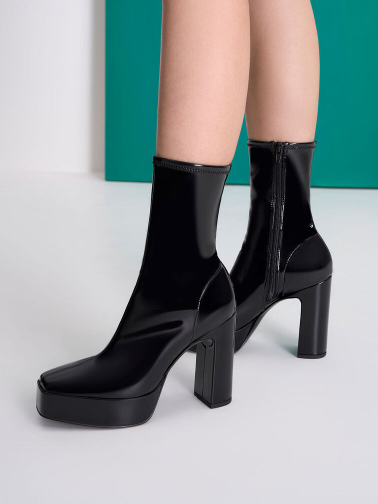 Patent Platform Block Heel Ankle Boots, Black, hi-res