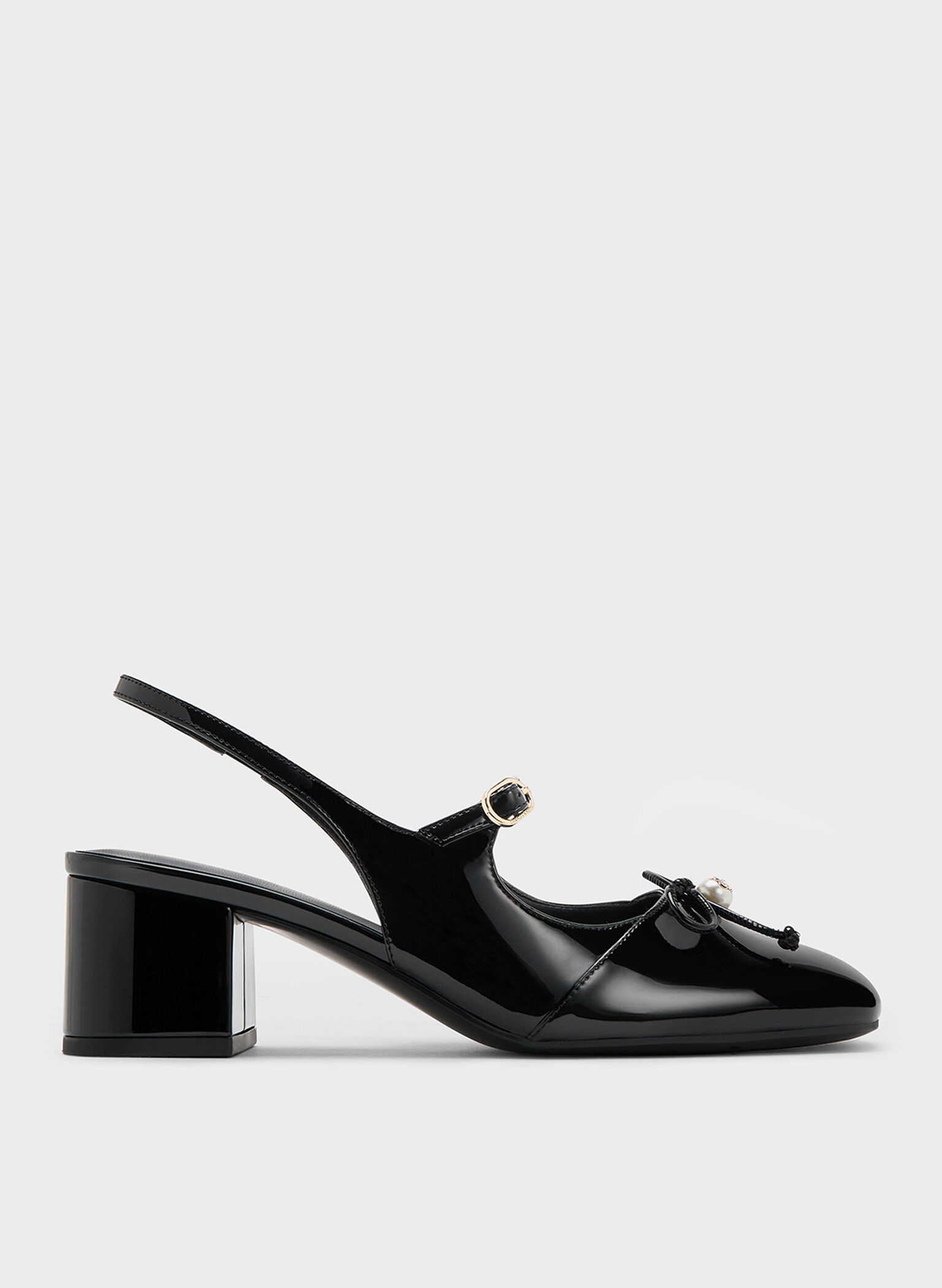 Patent Bow Crystal-Pearl Slingback Mary Jane Pumps, Black Patent, hi-res