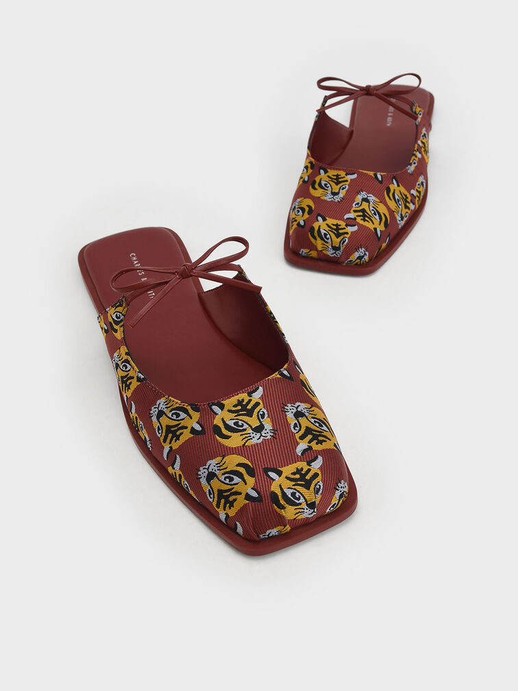 Dionne Tiger-Print Jacquard Flat Mules, Red, hi-res