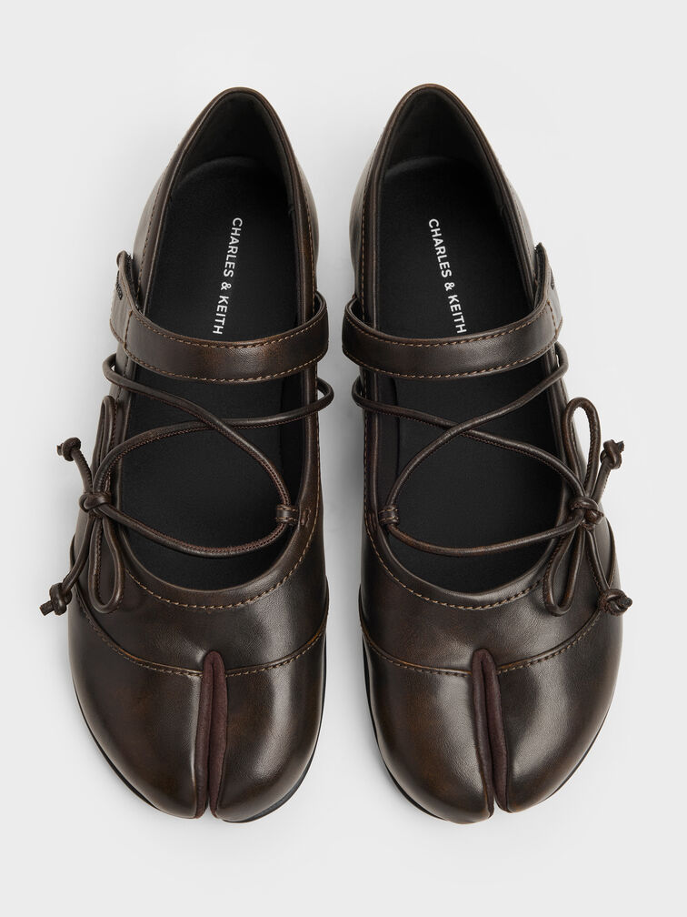 Aether Lace-Up Split-Toe Mary Jane Flats, Brown, hi-res