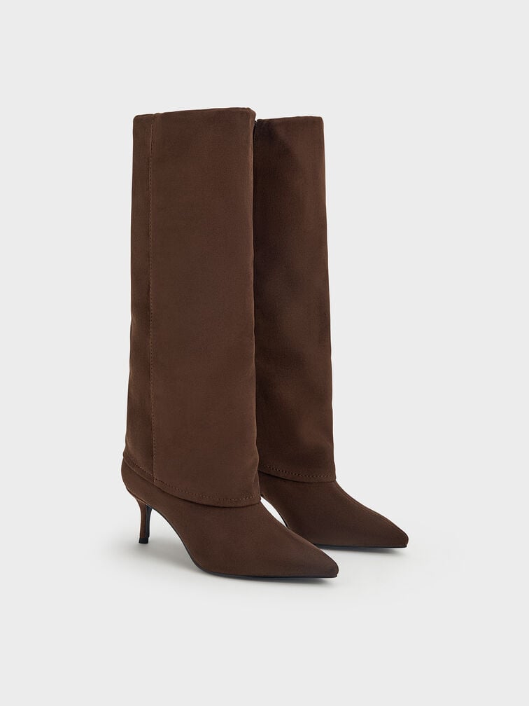 Faux Suede Pointed-Toe Stiletto-Heel Knee-High Boots, Dark Brown Textured, hi-res
