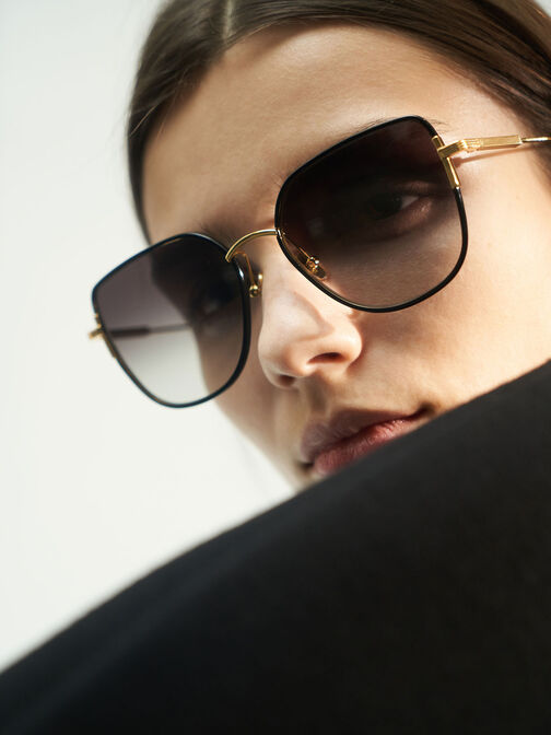 Seraphina Panelled Temples Butterfly Sunglasses, Black, hi-res