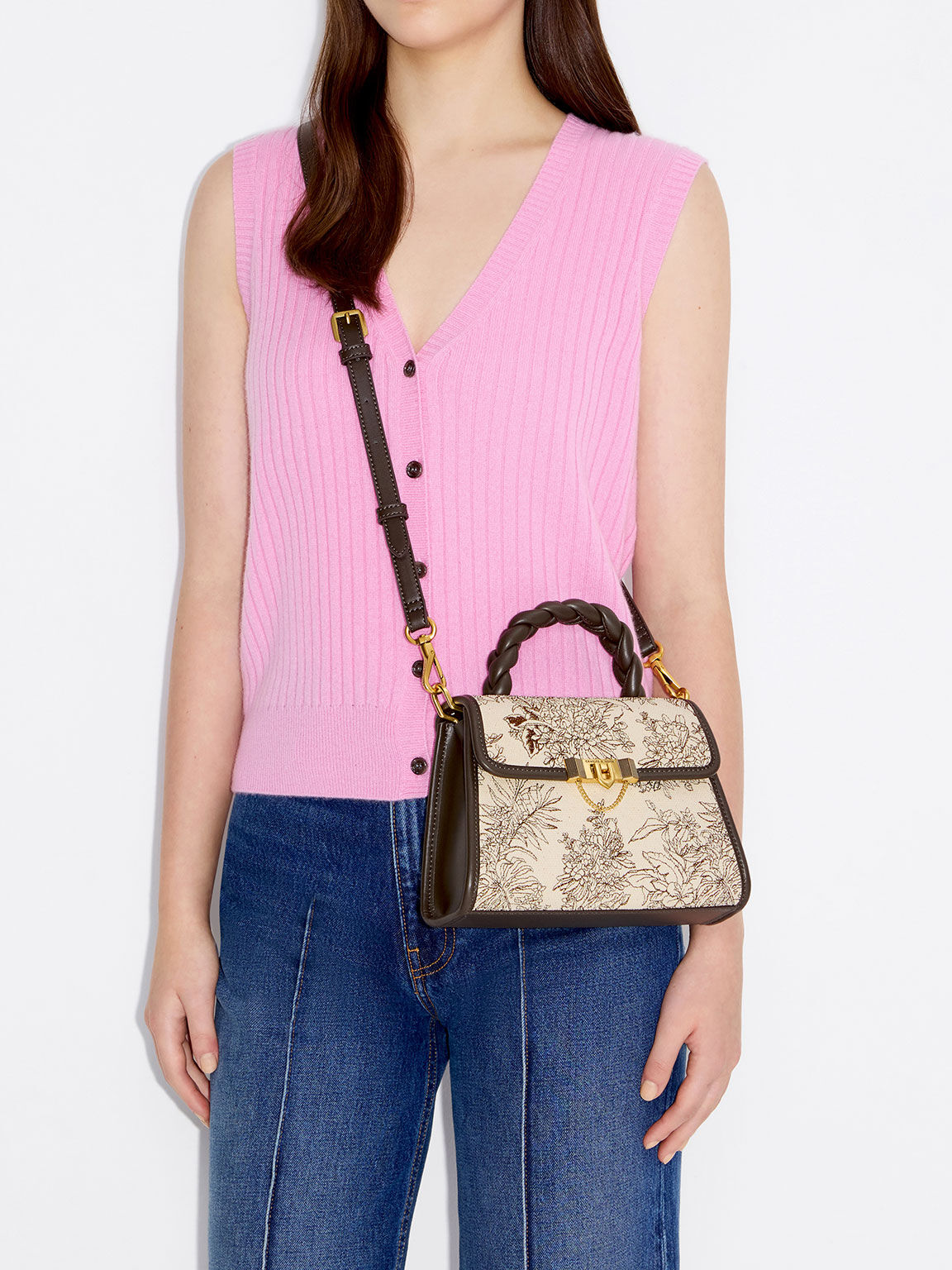 Floral Illustrated Trapeze Bag, Dark Moss, hi-res