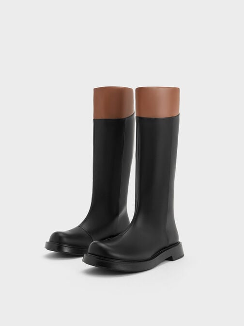 Two-Tone Round-Toe Knee-High Boots, Multi, hi-res