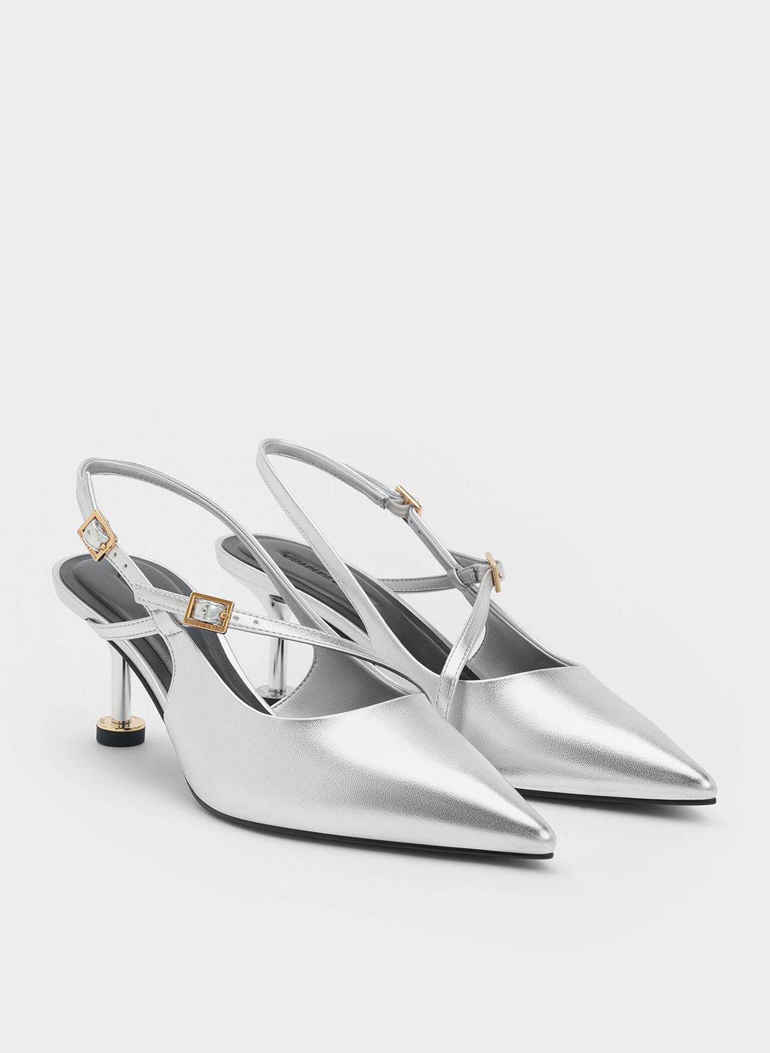 Wynn Metallic Buckled Sculptural-Heel Slingback Pumps, Silver, hi-res