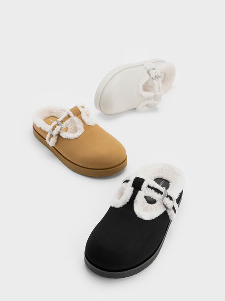 Textured Fur-Trim Buckled Mules, Khaki, hi-res