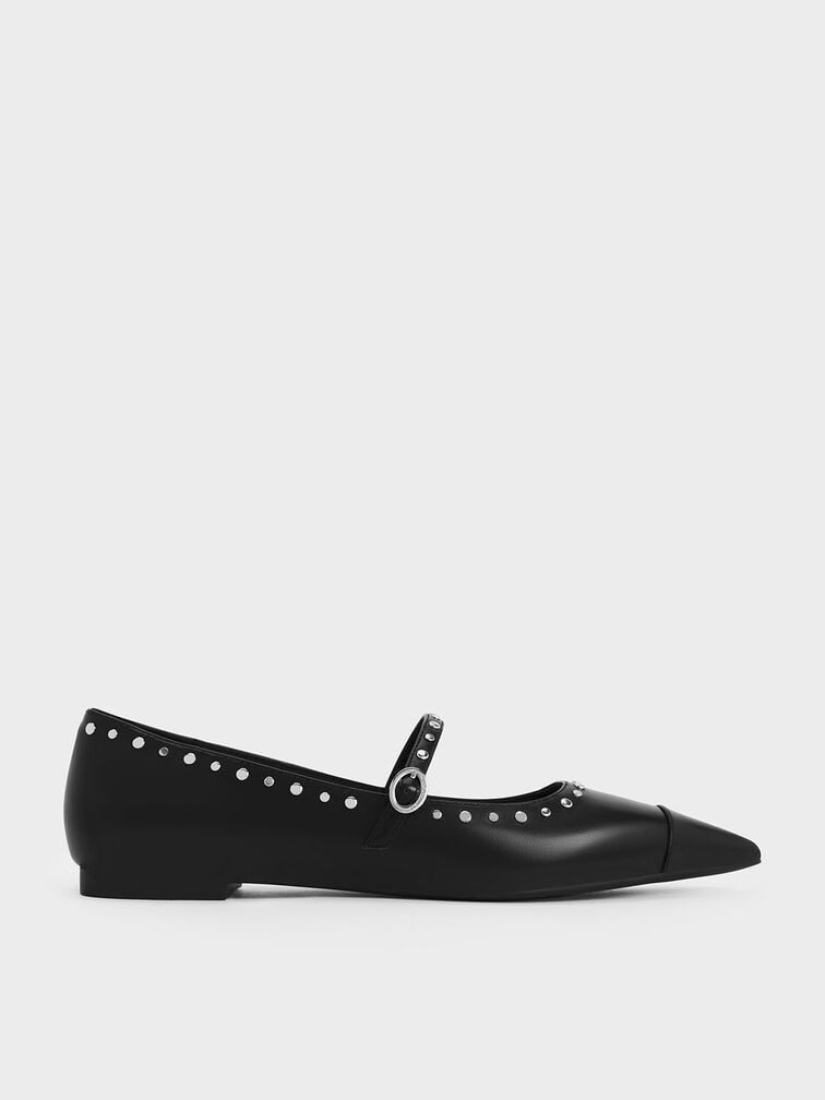 Studded Pointed-Toe Mary Jane Flats - Black