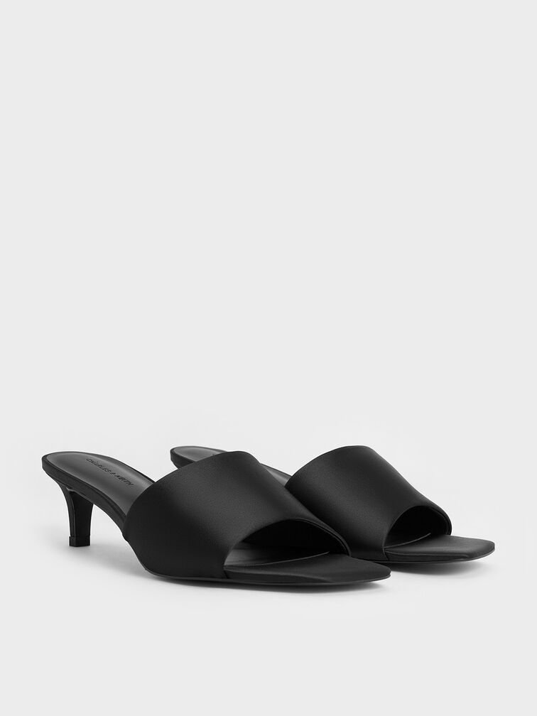 Satin Square-Toe Kitten-Heel Mules, Black Textured, hi-res