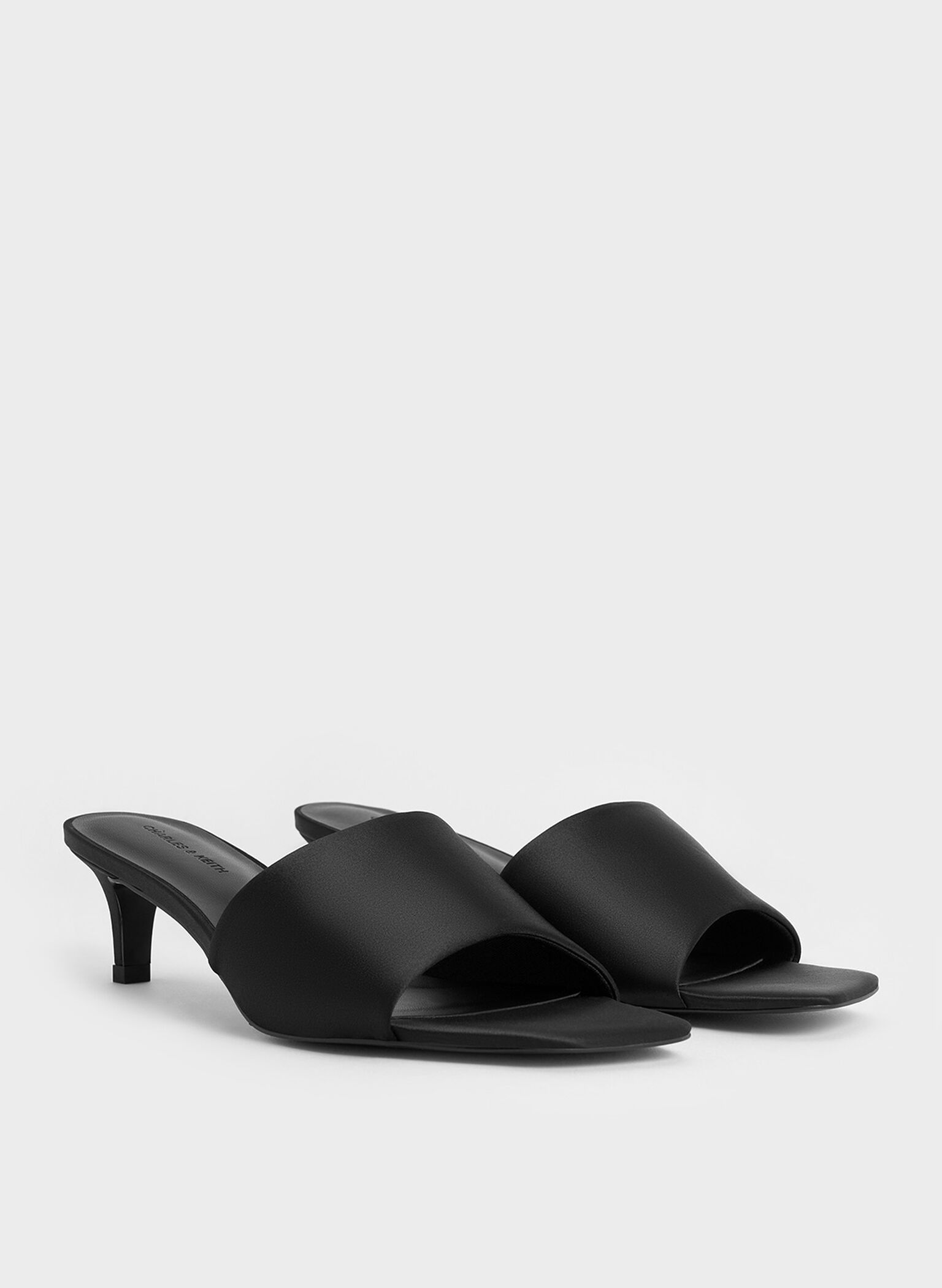 Satin Square-Toe Kitten-Heel Mules, Black Textured, hi-res