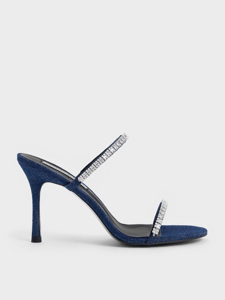 Ambrosia Denim Gem-Embellished Heeled Mules, Blue, hi-res