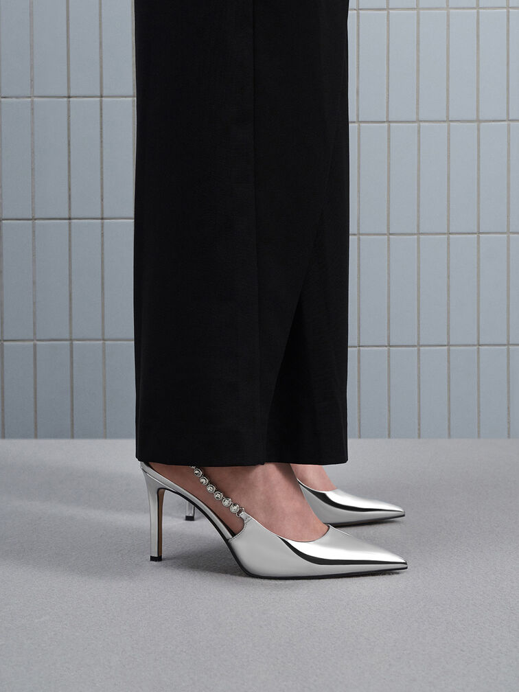 Flores Metallic Gem-Strap Slingback Pumps, Silver, hi-res