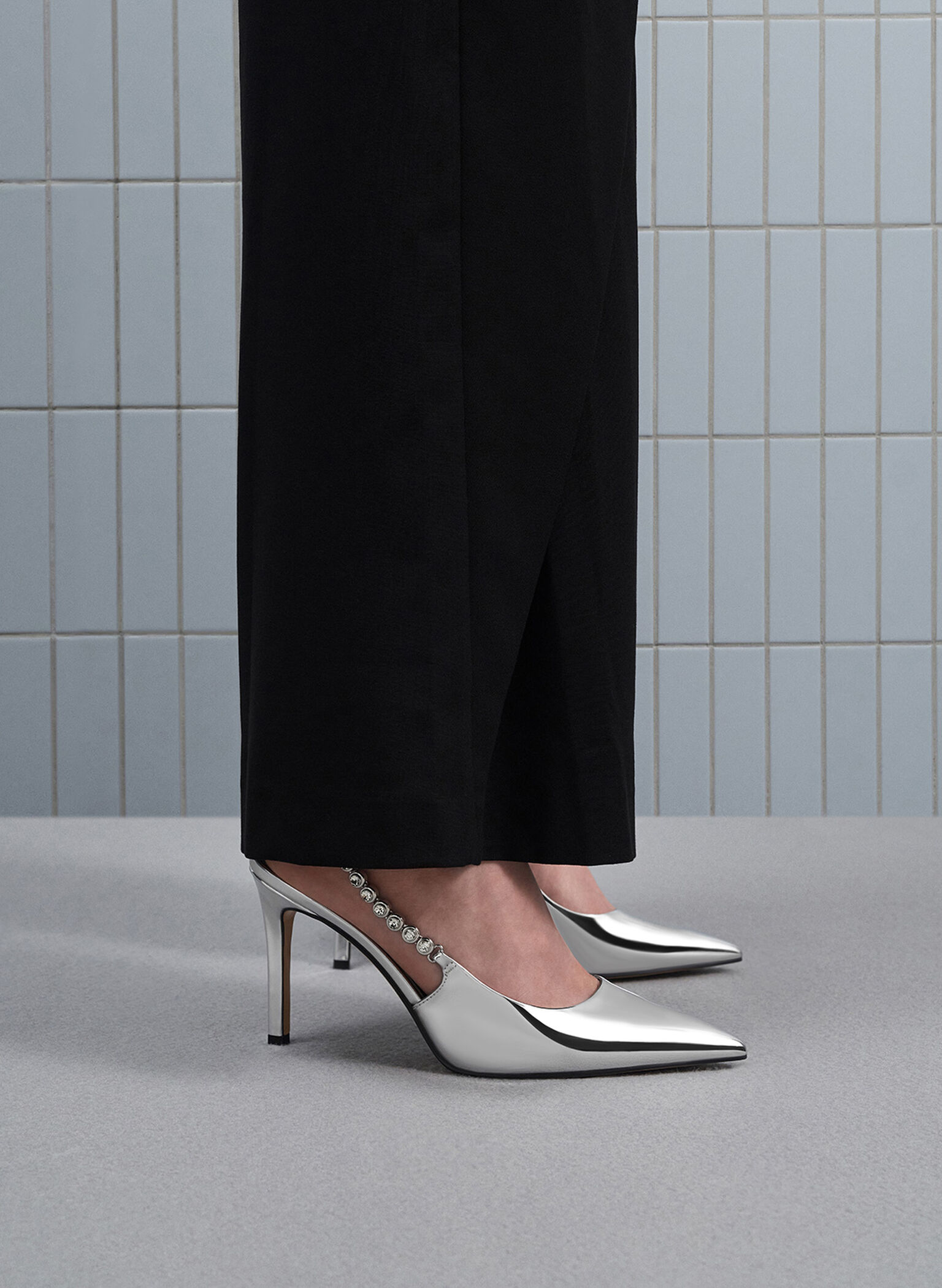 Flores Metallic Gem-Strap Slingback Pumps, Silver, hi-res