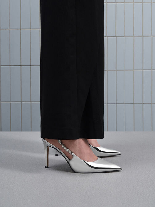 Flores Metallic Gem-Strap Slingback Pumps, Silver, hi-res