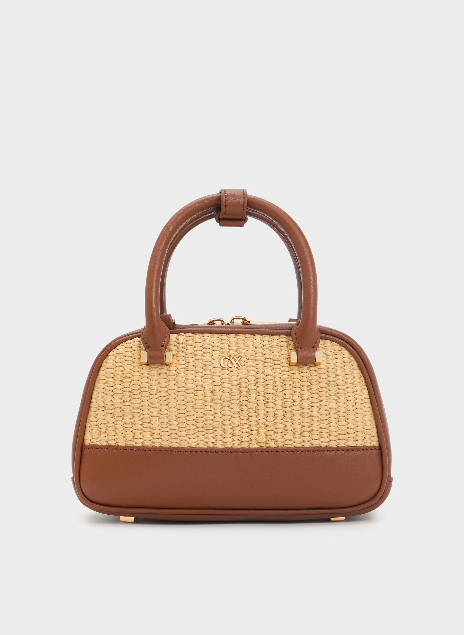 Bolso bowling de cuero y rafia, Rafia neutral, hi-res
