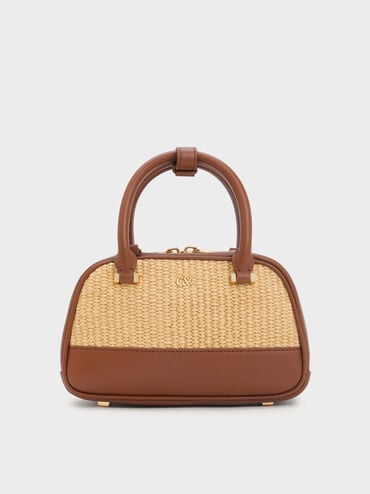 Bolso bowling de cuero y rafia, Rafia neutral, hi-res