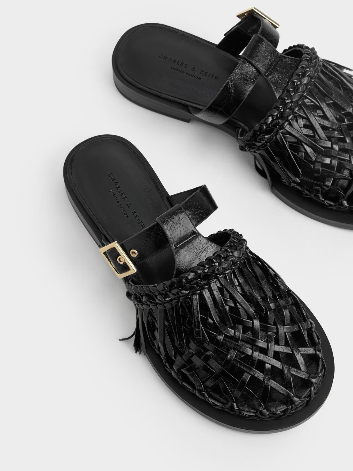 Panama Wrinkled Patent Fringe Flat Mules, Black, hi-res
