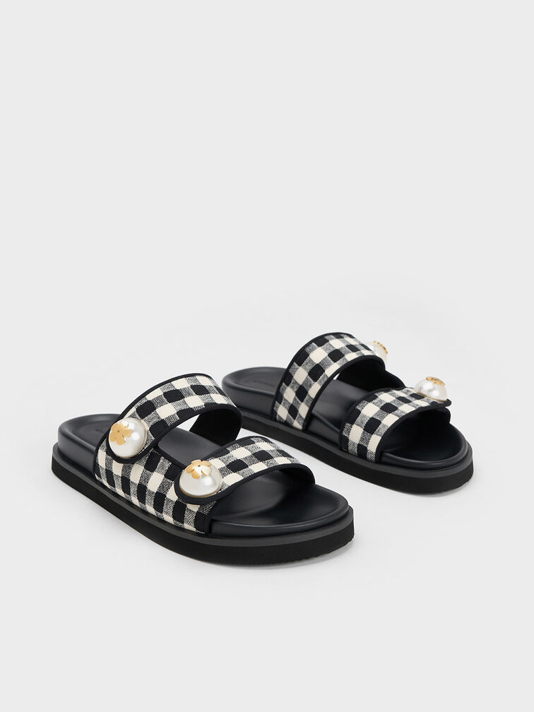 Pearl Embellished Gingham Slides, Multi, hi-res