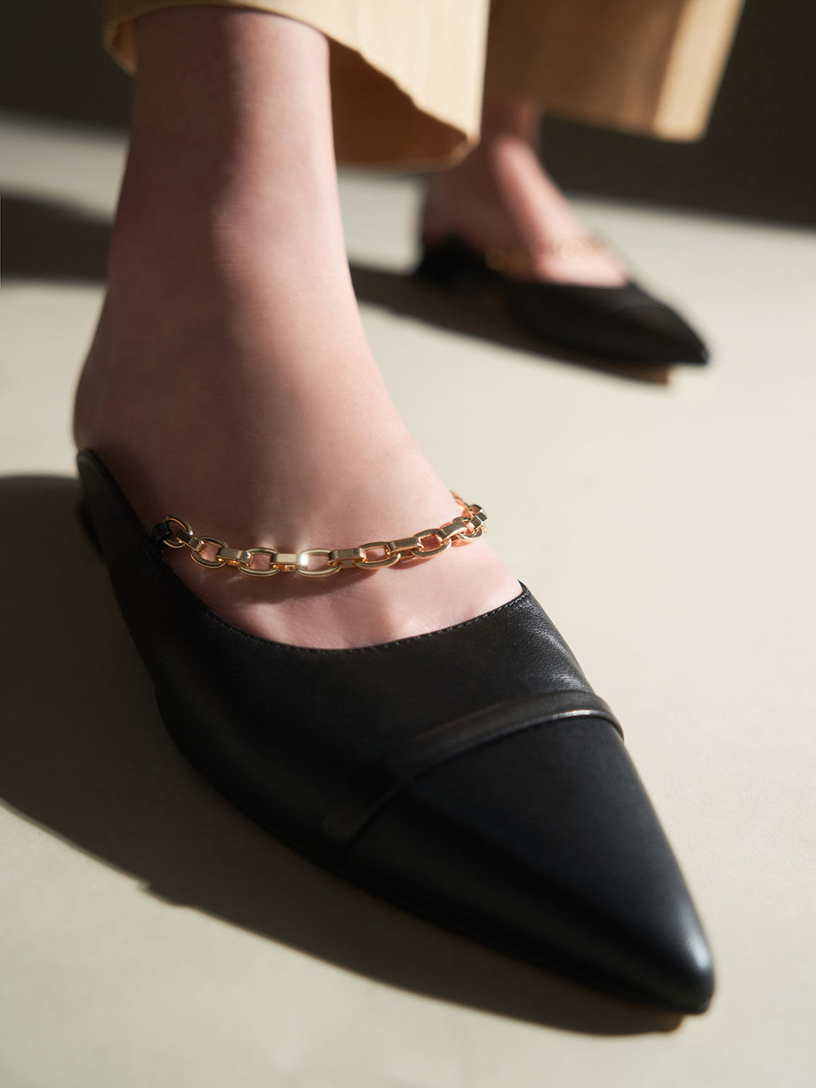 Leather Chain Link Mule Flats, Black, hi-res