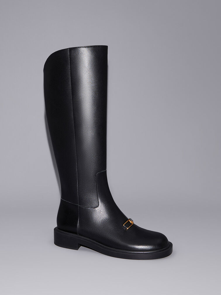 Gabine Leather Interlocking-Accent Knee-High Boots, Black, hi-res