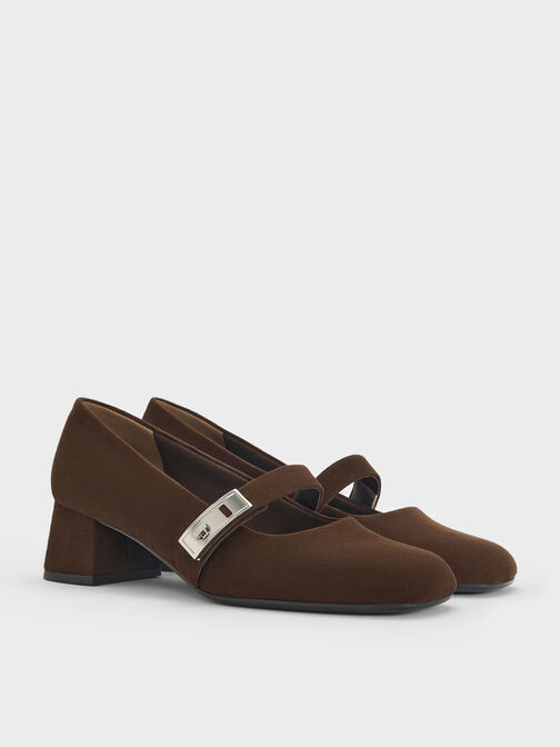 Lando Faux Suede Metallic-Buckle Mary Jane Pumps, Dark Brown Textured, hi-res