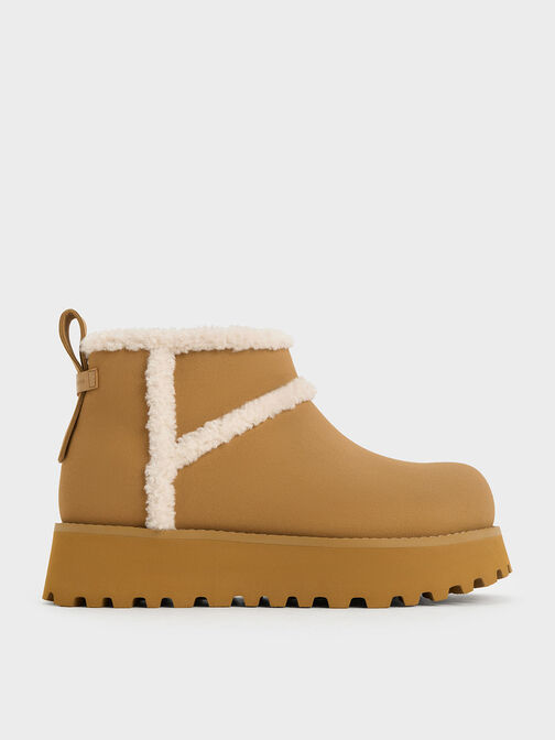 Textured Fur-Trim Flatform Ankle Boots, Khaki, hi-res