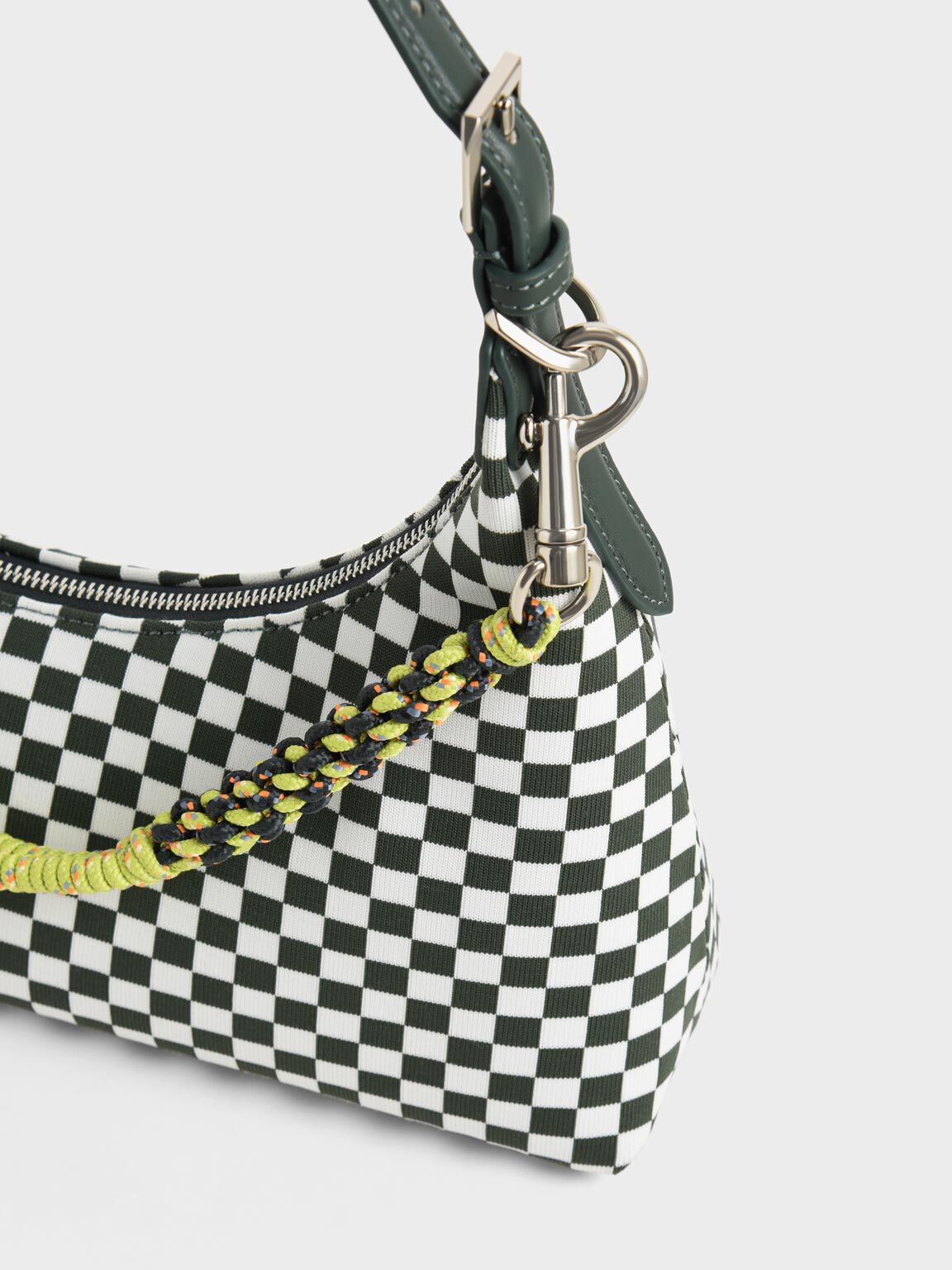 Coiled Handle Checkered Bag, Dark Green, hi-res