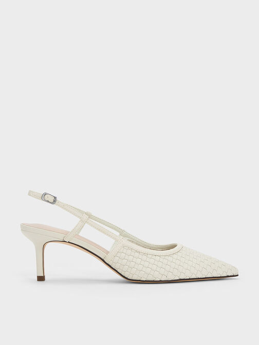 Woven Slingback Pumps, White, hi-res