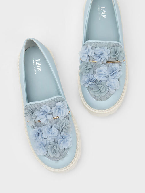 Girls' Floral Mesh Loafers, Light Blue, hi-res