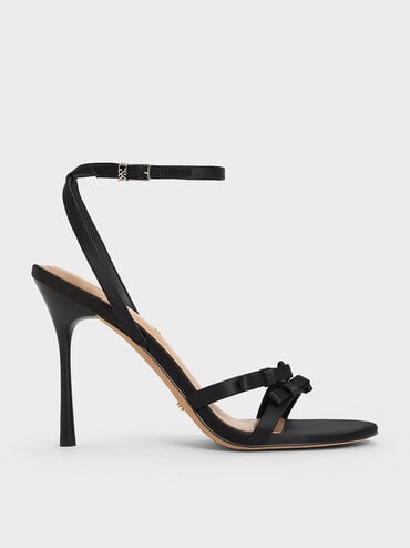 Jessy Recycled Polyester Bow Ankle-Strap Stiletto-Heel Sandals, Black Textured, hi-res