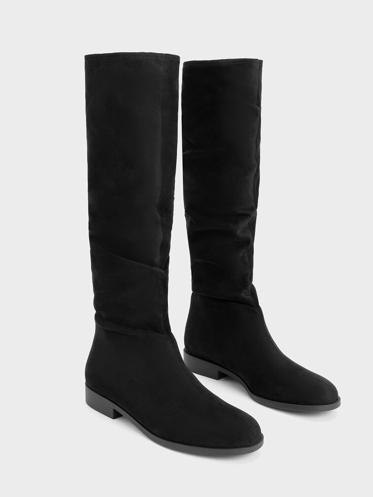 Textured Ruched Knee-High Boots, Black Textured, hi-res