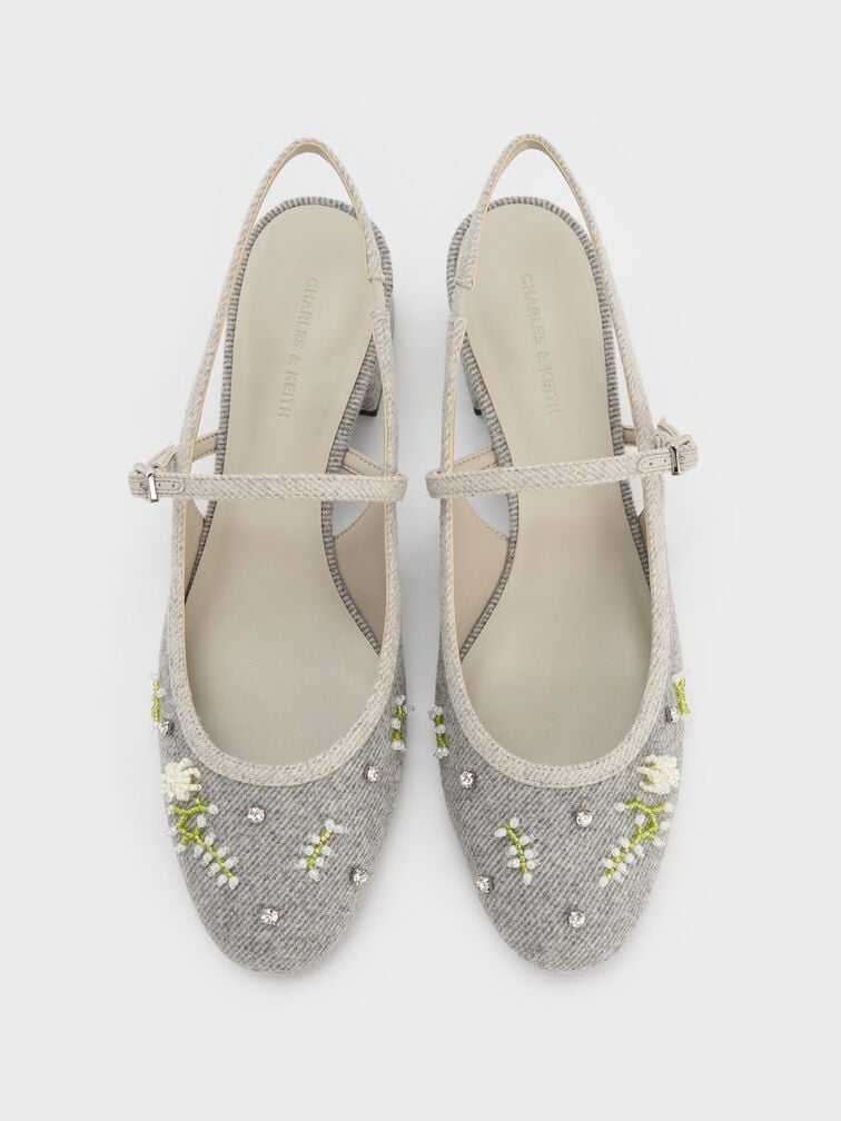 Twill Bead-Flower Block-Heel Slingback Mary Jane Pumps, Grey, hi-res