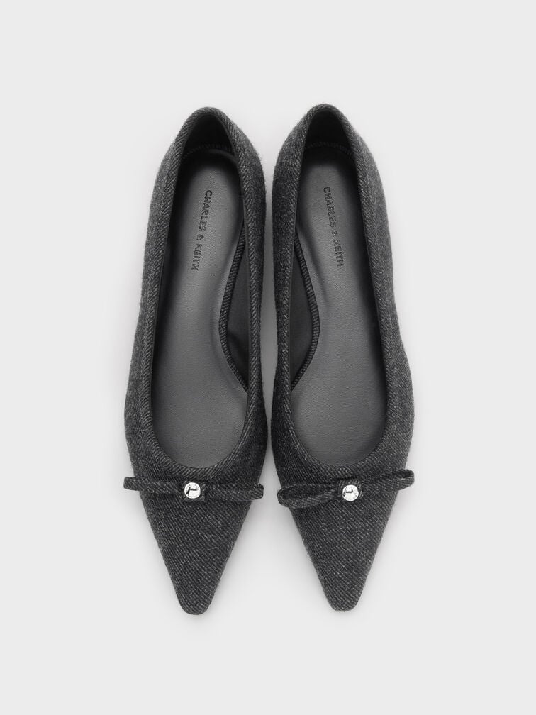 Felt Bow Metallic-Accent Pointed-Toe Ballet Flats, Dark Grey, hi-res