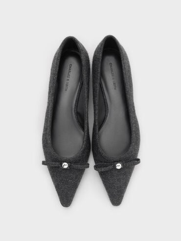 Felt Bow Metallic-Accent Pointed-Toe Ballet Flats, Dark Grey, hi-res
