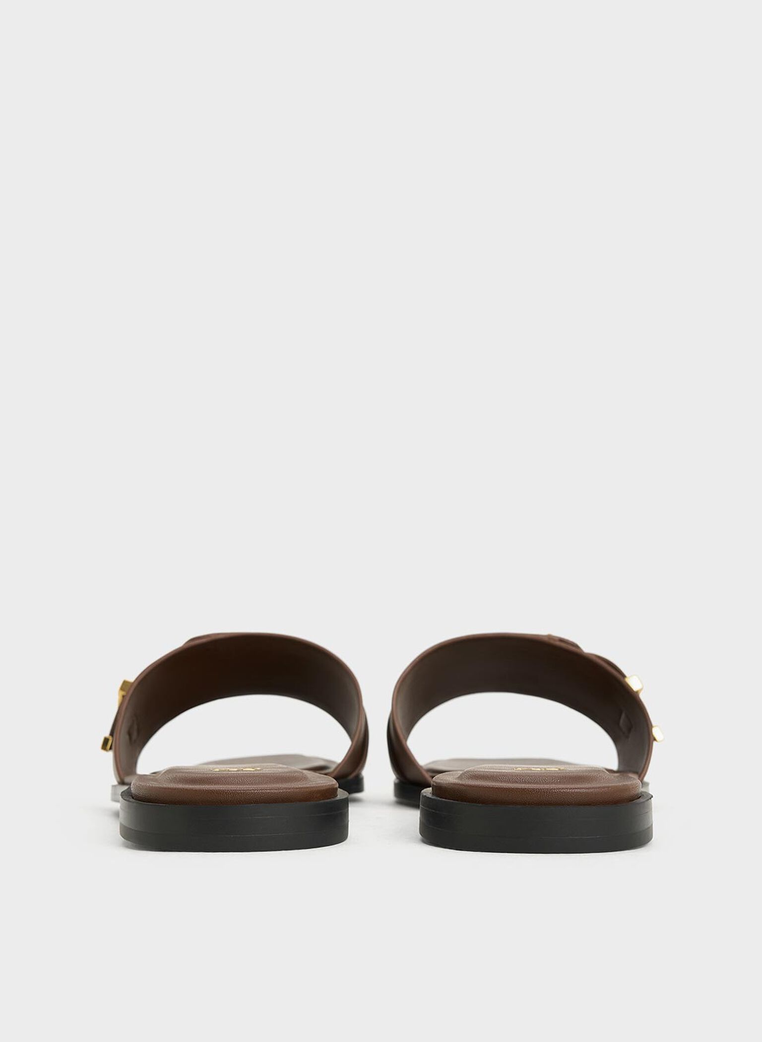 Leather Buckled Square-Toe Slide Sandals, Dark Brown, hi-res