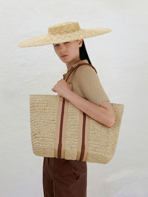 Striped Handles Raffia Tote Bag, Chocolate, hi-res