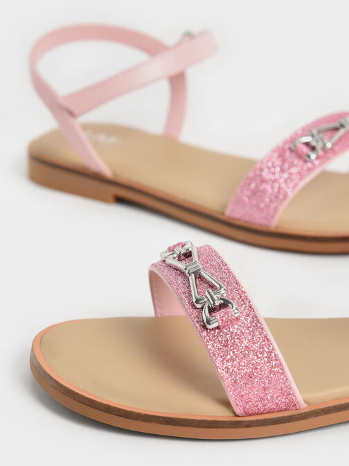 Girls' Metallic Accent Glittered Sandals, Pink, hi-res