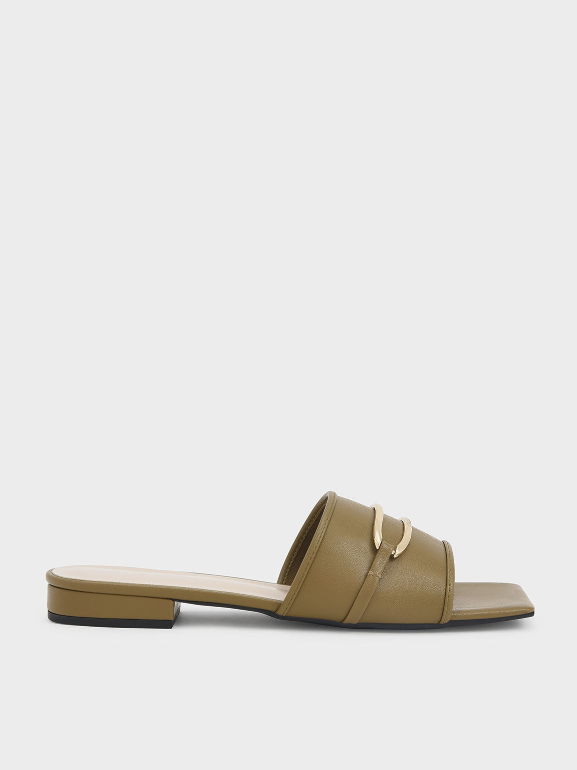 Olive Metallic Accent Square Toe Slide Sandals CHARLES KEITH