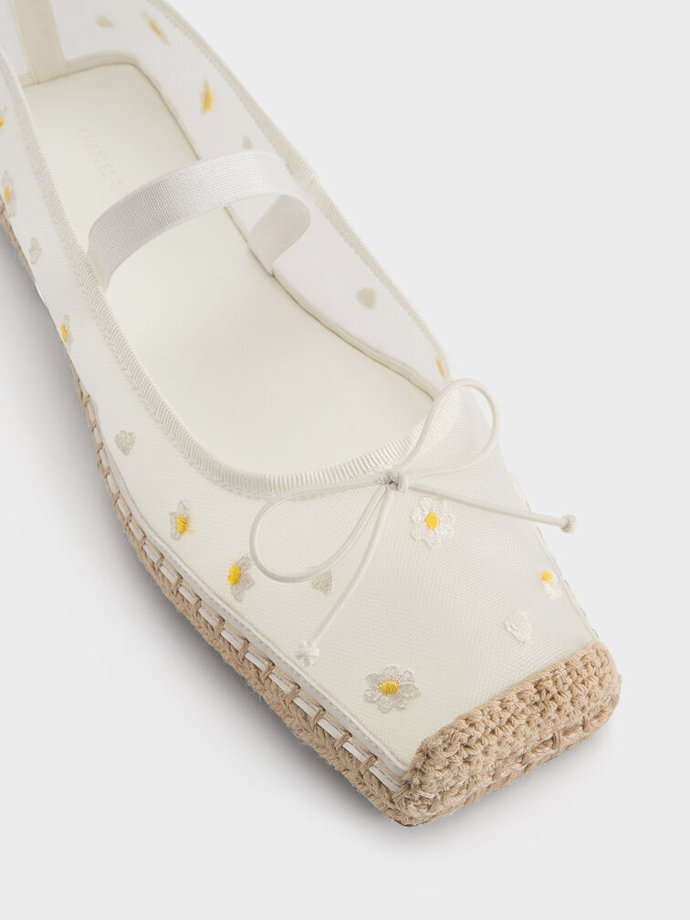 Mesh Floral-Embroidered Bow Tie-Around Espadrille Ballet Flats, Blanco, hi-res