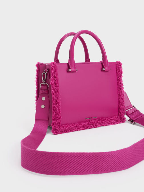 Lotso Fur-Trim Tote Bag, Fuchsia, hi-res