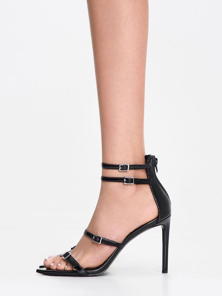 Patent Strappy Heeled Sandals, Black Patent, hi-res